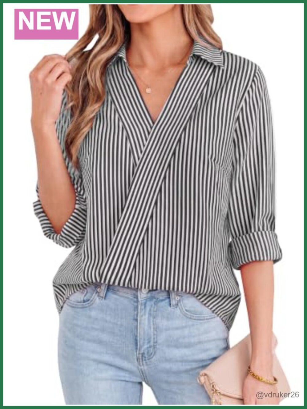 Striped V-Neck Long Sleeve Blouse Lightweight Business Casual Top
